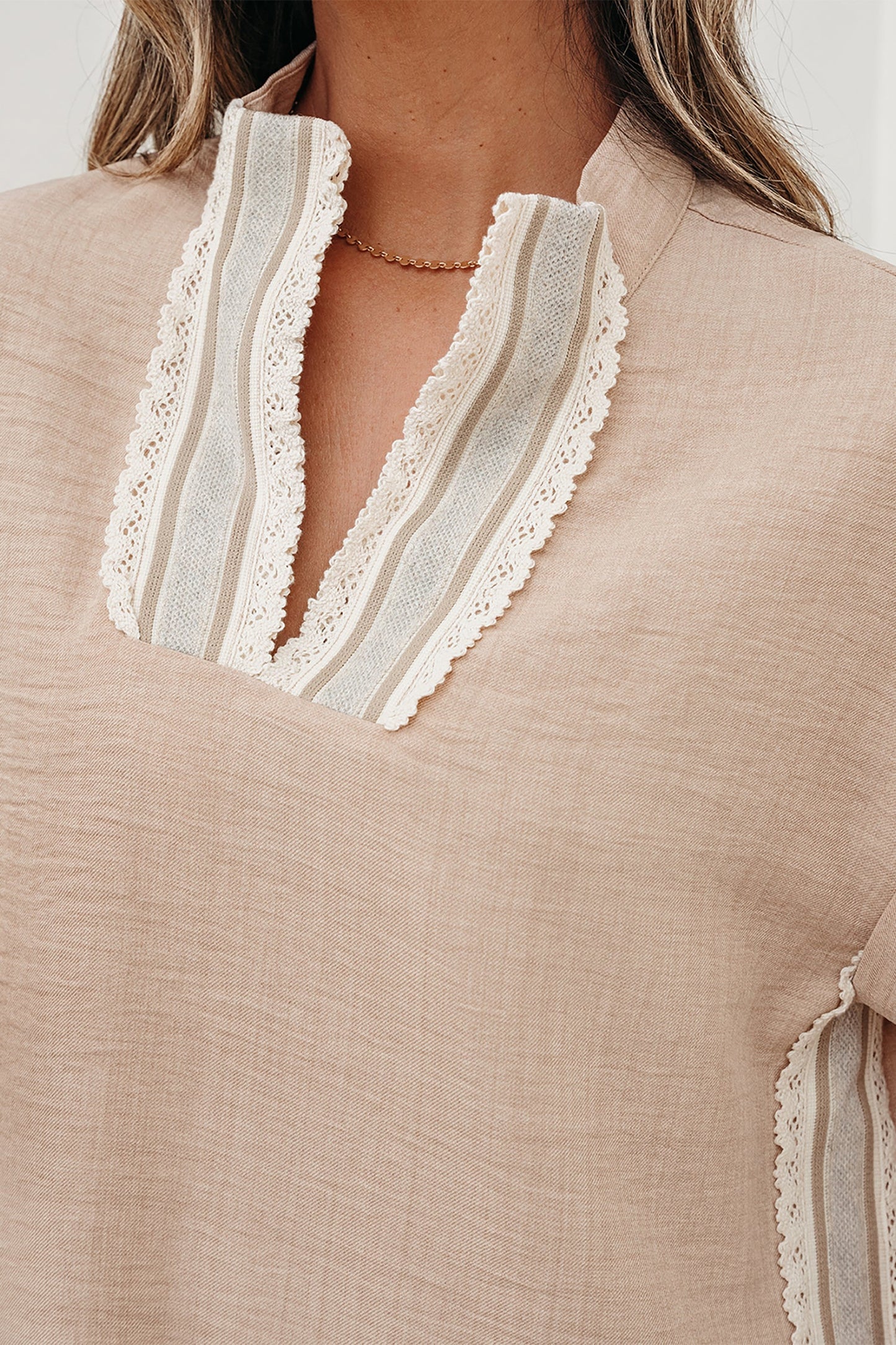 Parchment Crochet Lace Accent Pullover Rolled Short Sleeve Blouse