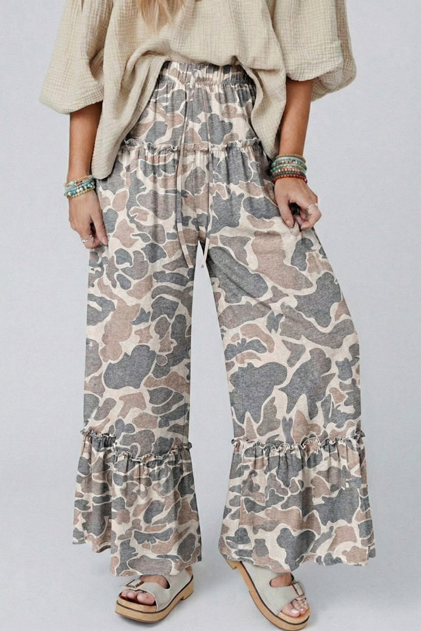 Multicolour Camo Print Wide Leg Casual Pants - Loving It Shop