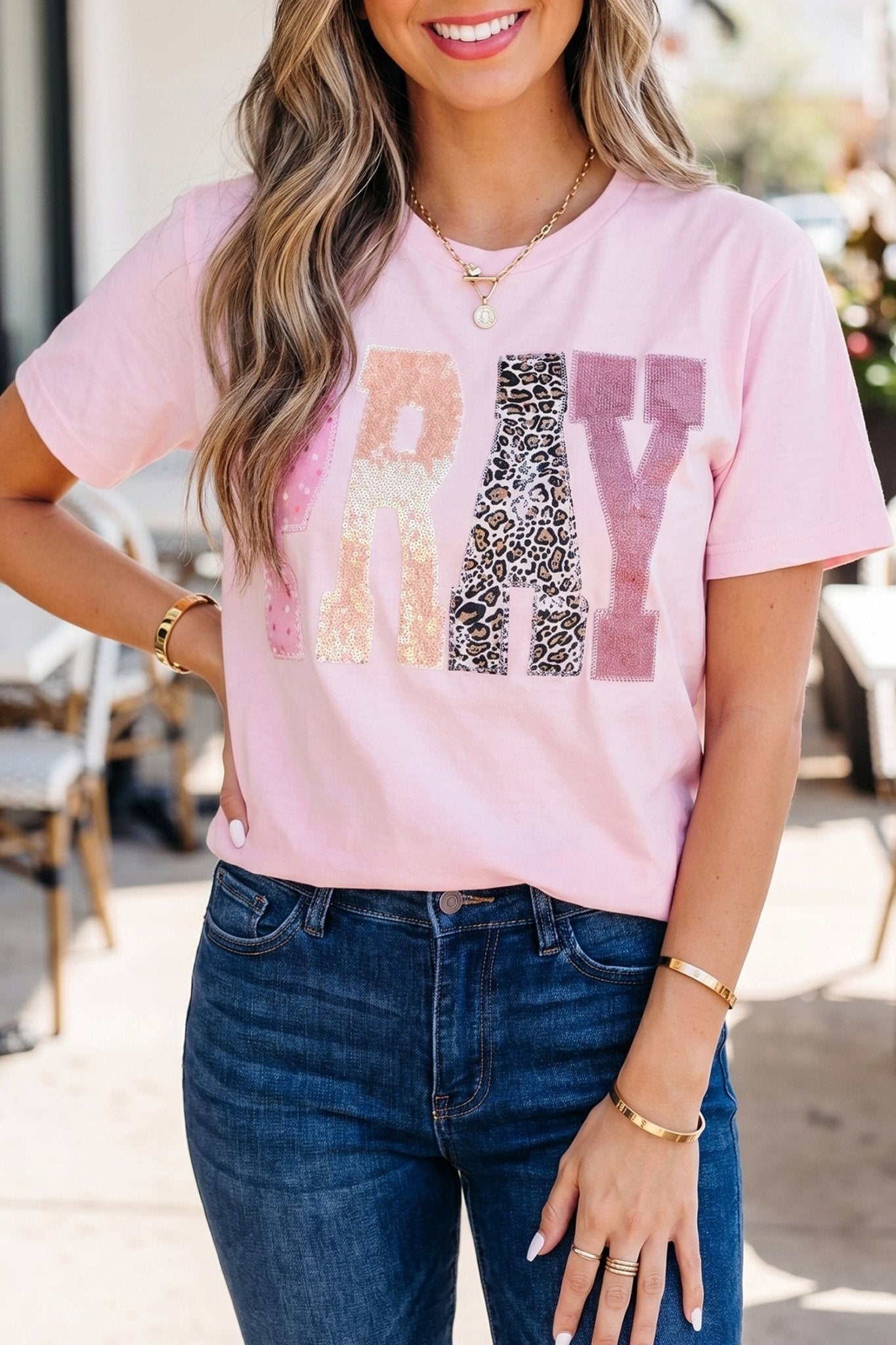 Pink PRAY Sequin Leopard Multiple Patched Graphic Tee - Loving It Shop