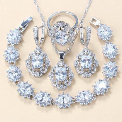 Garnet Cubic Zirconia Earrings Pendant Necklace Bracelet Ring Gift 4 PCs Set