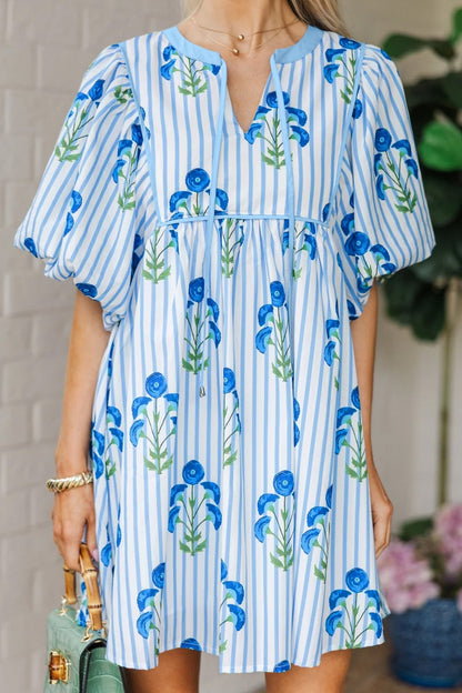 Sky Blue Floral Striped Print Tie Notched Neck Puff Sleeve Flared Mini Dress - Loving It Shop