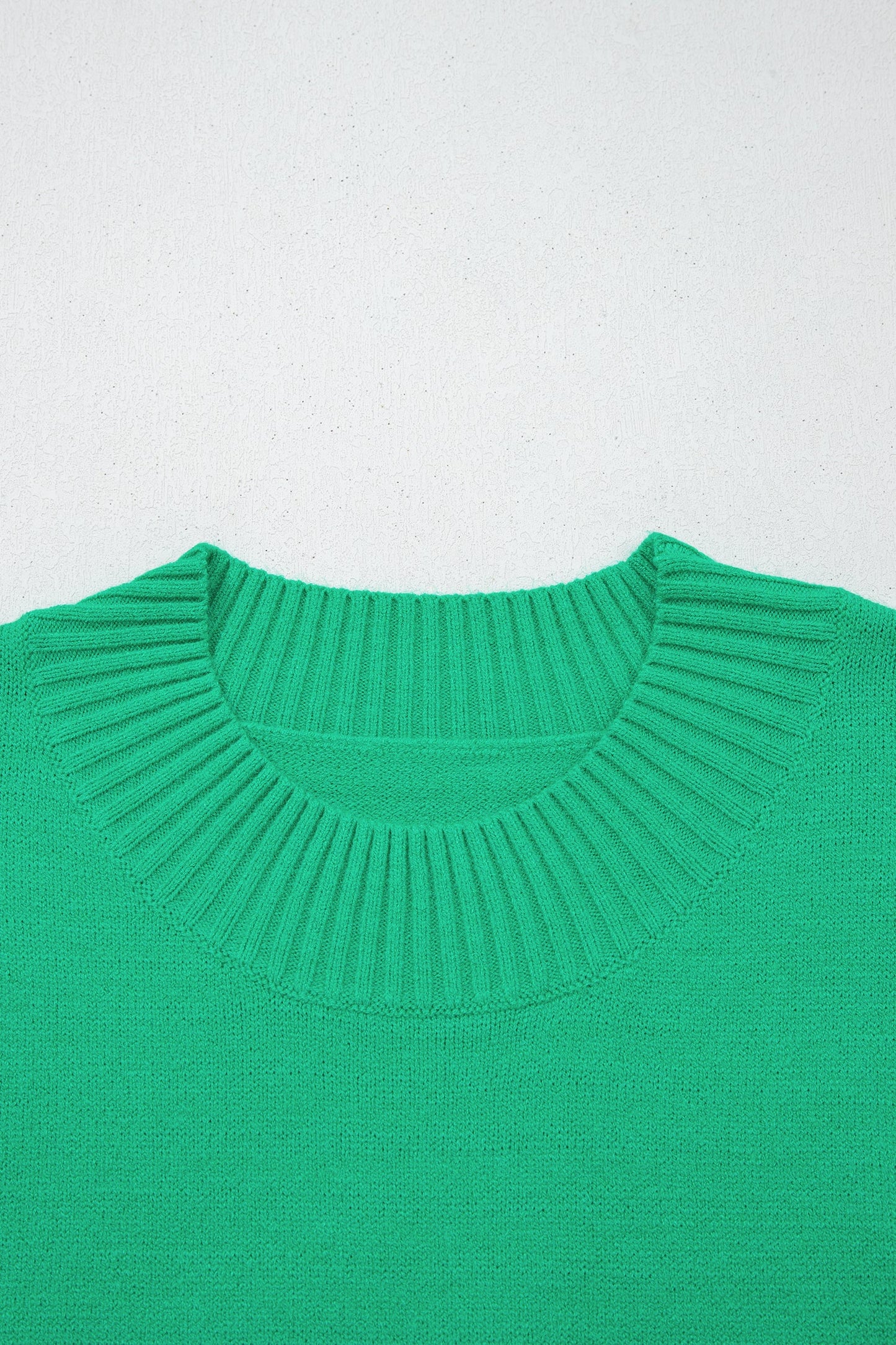 Bright Green Solid Color Ribbed Trim Round Neck Ruffle Short Sleeve Sweater
