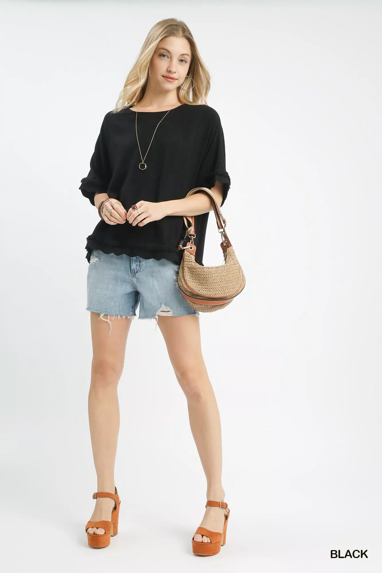 Linen Frayed Hem Scallop Edge Top