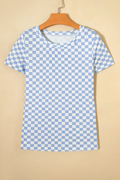 Sky Blue Checkered Ribbed Slim Fit Crew Neck T Shirt