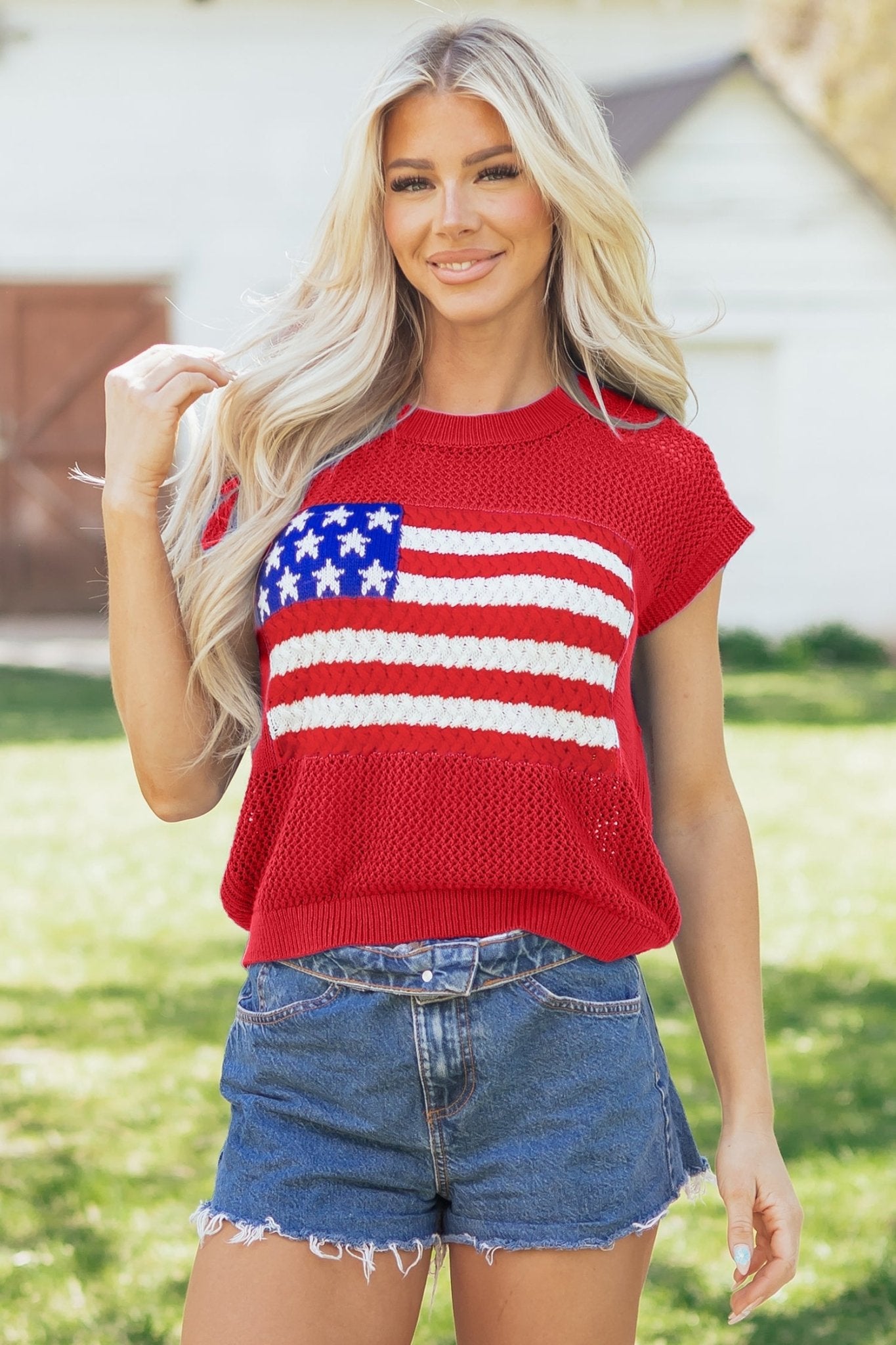 Fiery Red Flag Graphic Short Sleeve Sweater Top - Loving It Shop