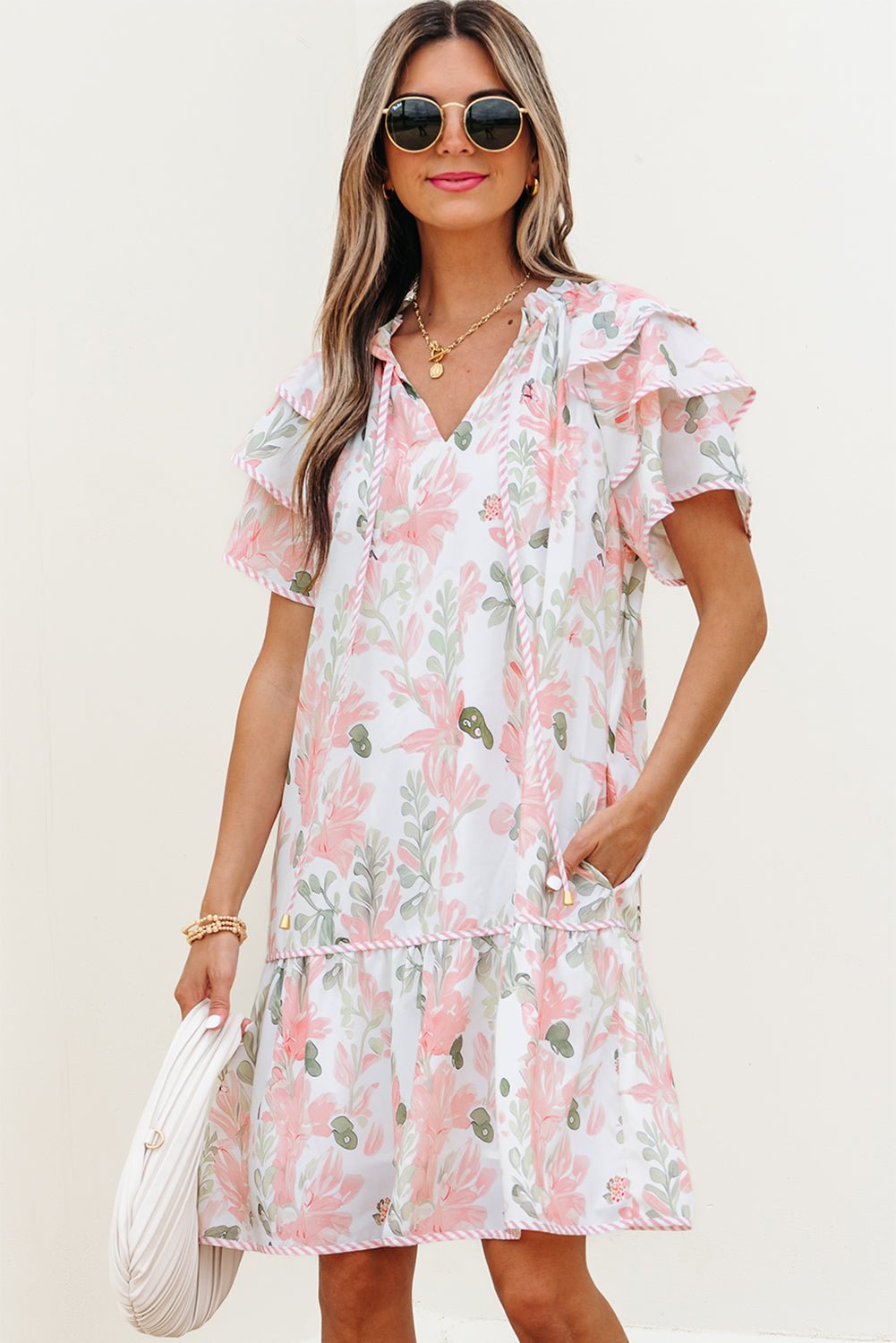 Pink Floral Contrast Edge Layered Short Sleeve Mini Dress - Loving It Shop