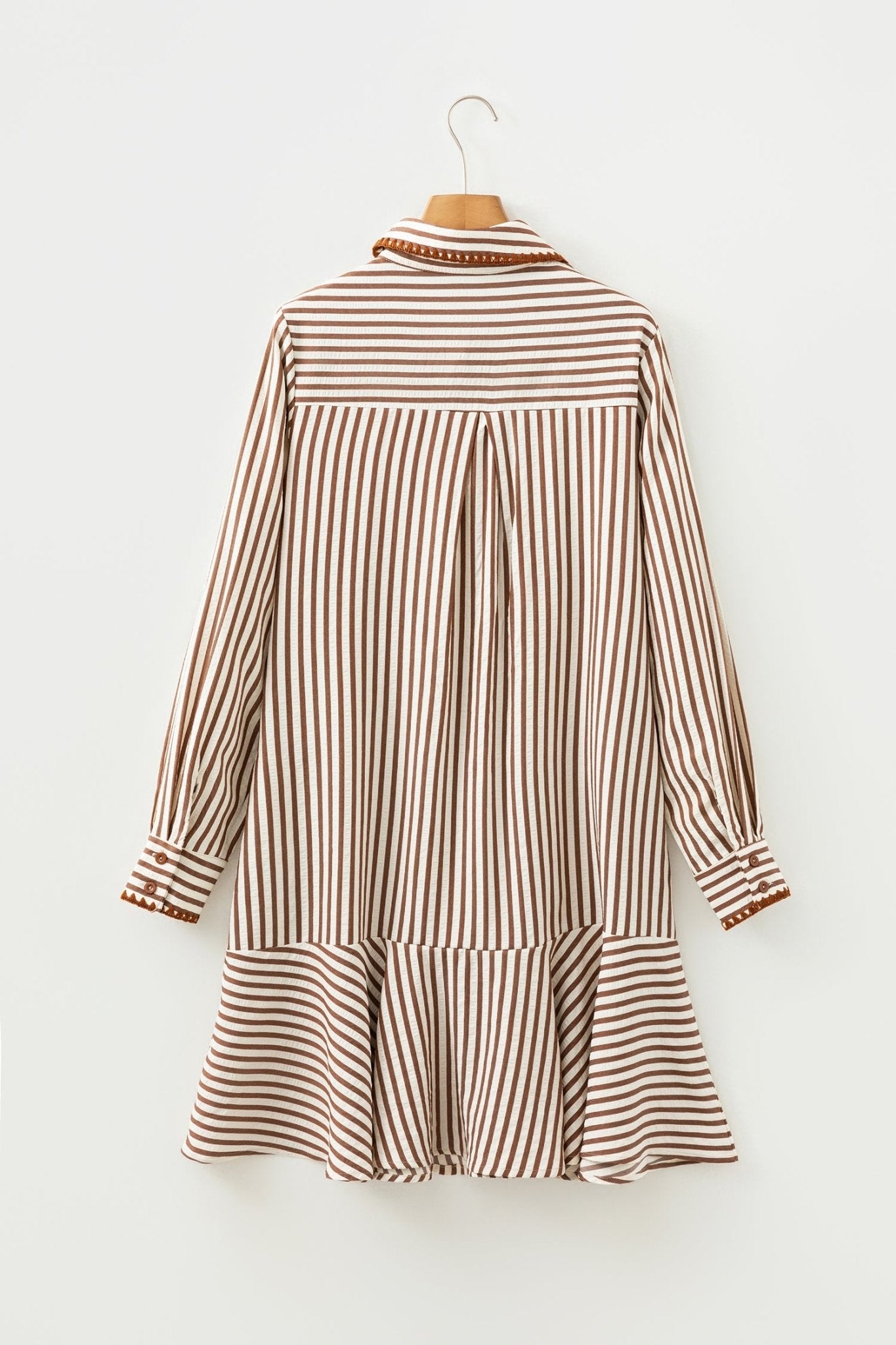 Khaki Stripe Shirt Collar Embroidered Trim Ruffle Hem Long Sleeve Mini Dress - Loving It Shop
