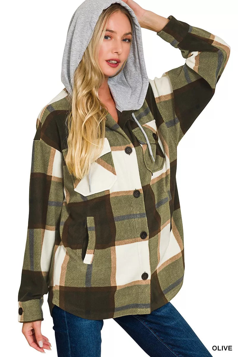 Plaid Drawstring Hooded Fleece Shacket