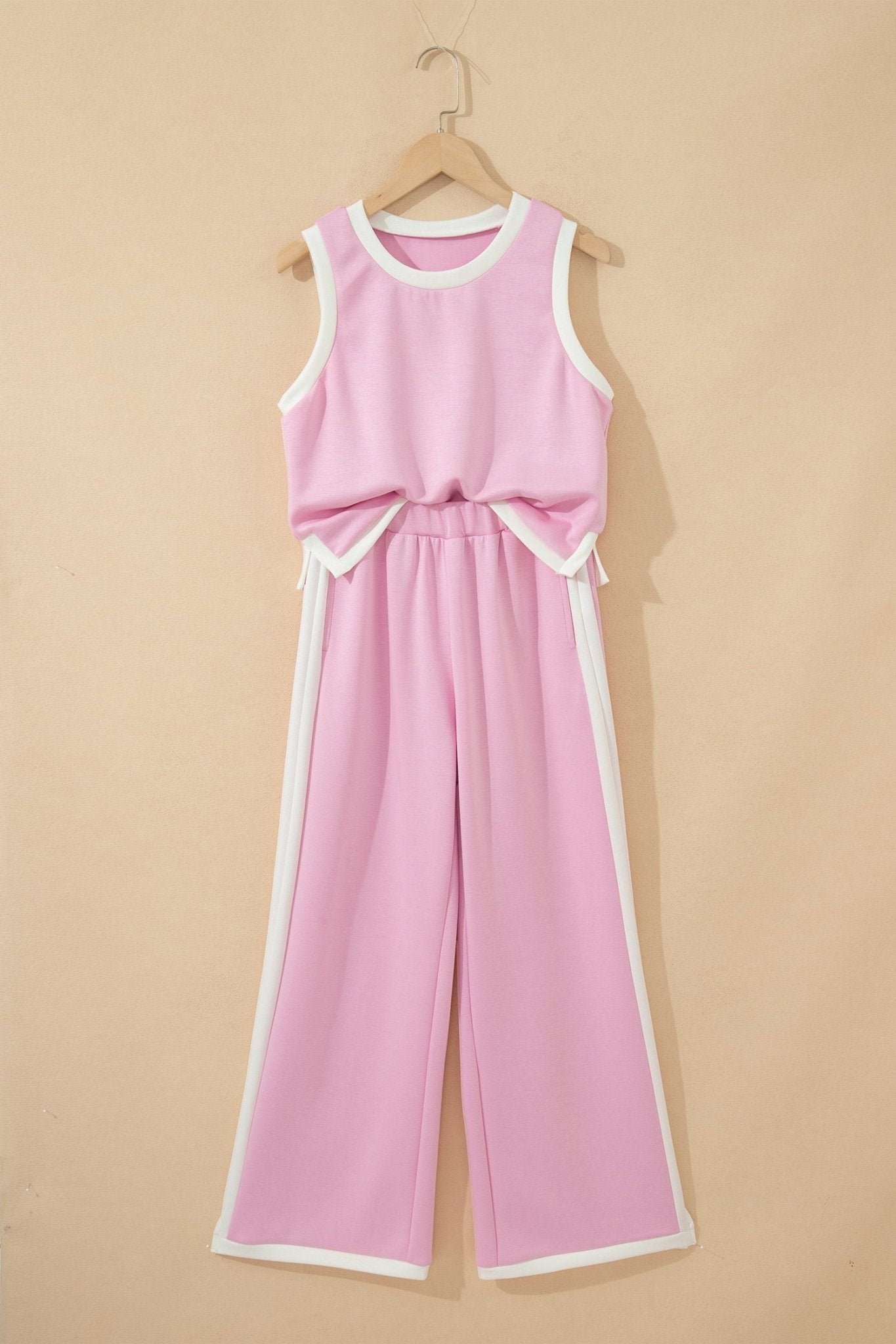 Pink Colorblock Trim Cropped Tank Elastic Waist Shift Pants 2pcs Set - Loving It Shop
