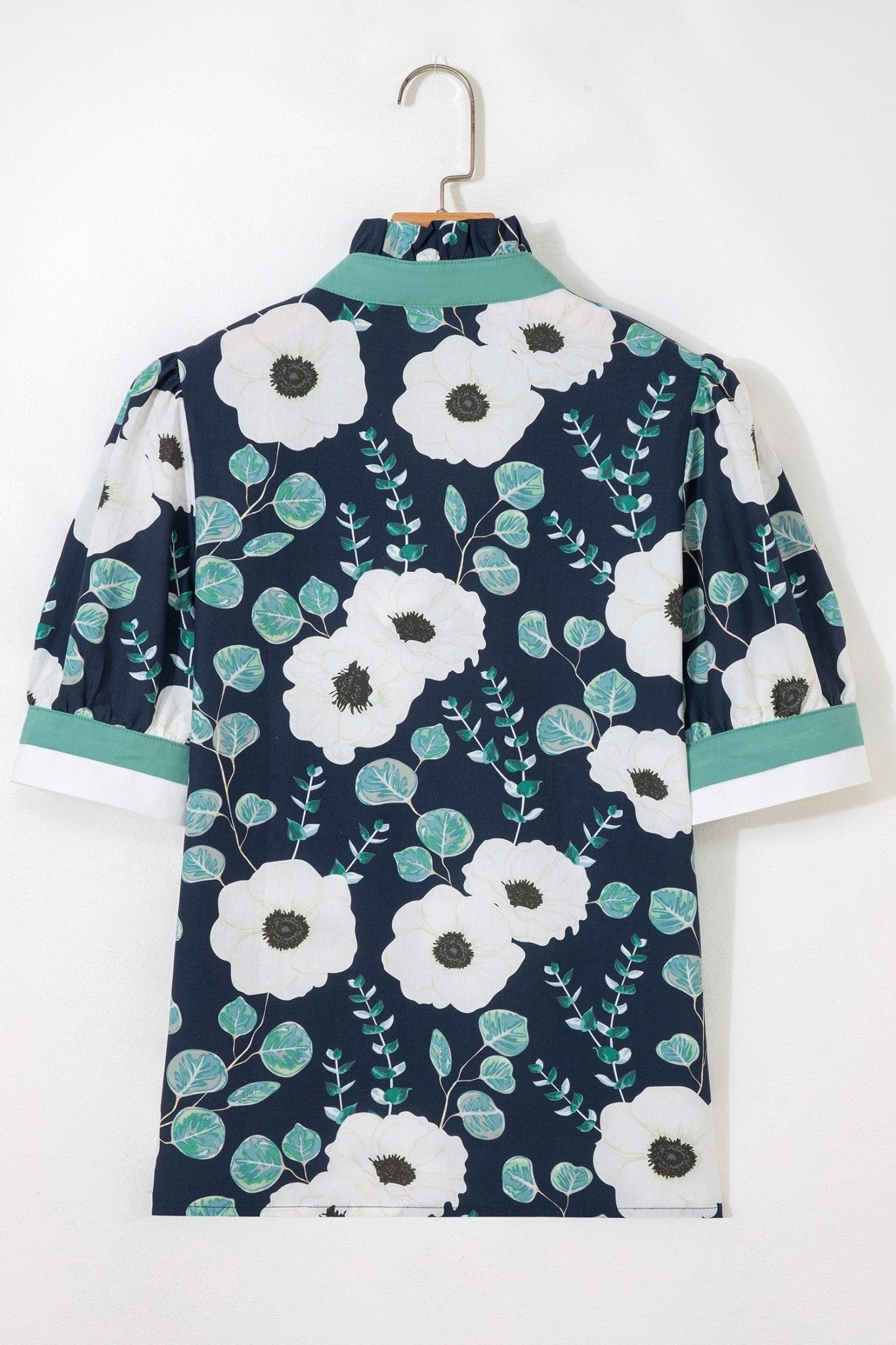 Blue Floral Print Striped Patchwork V Neck Short Sleeve Blouse - Loving It Shop