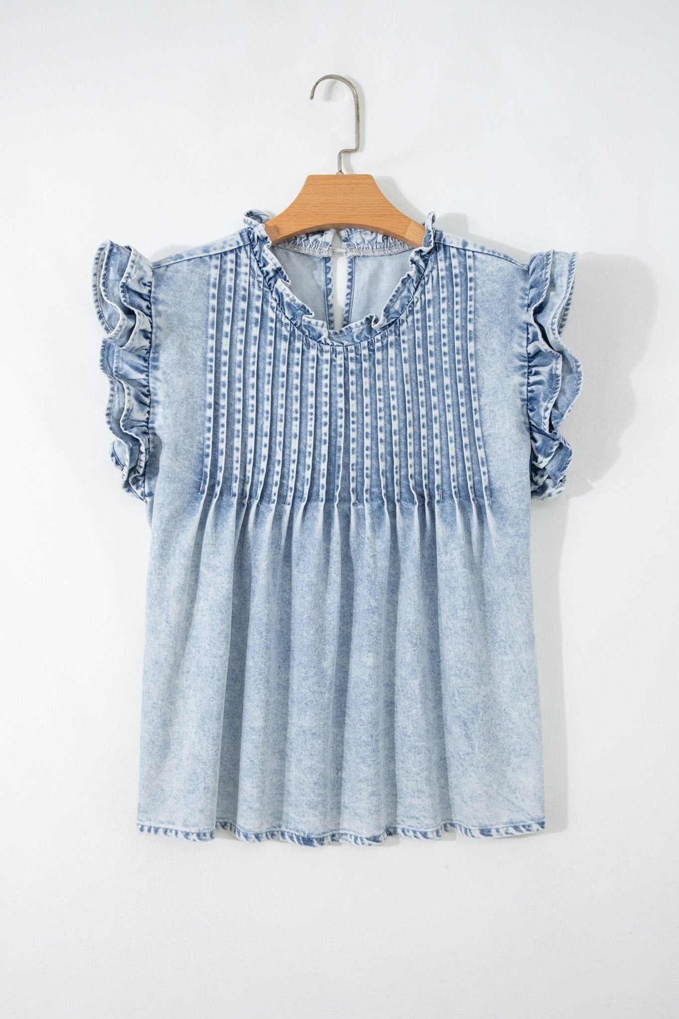 Beau Blue Ruffle Pleated Detail Vintage Washed Denim Top - Loving It Shop