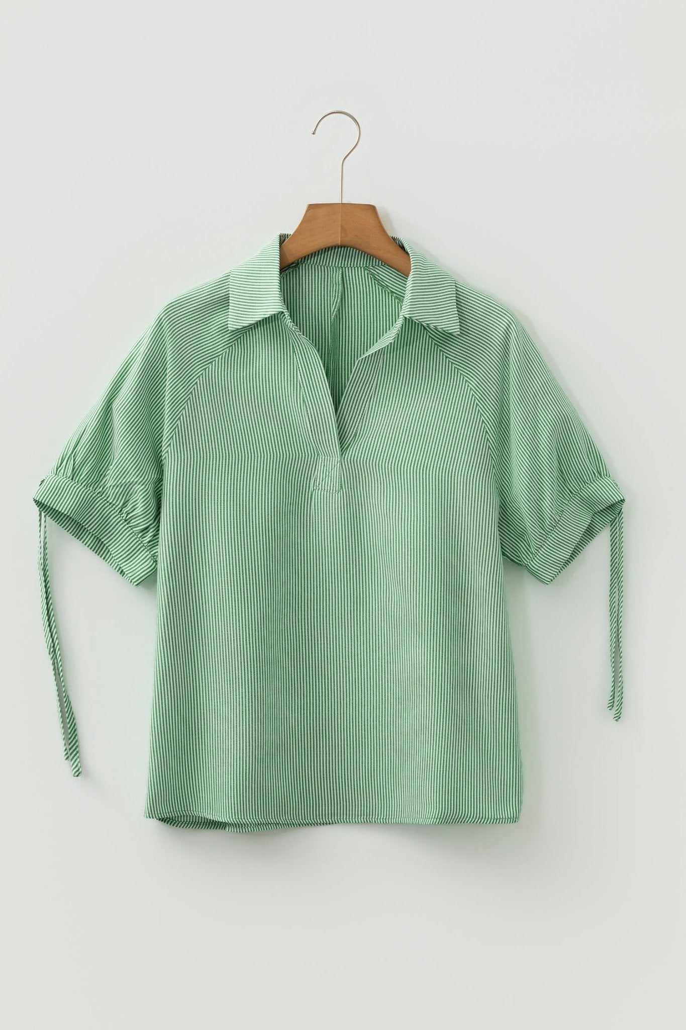 Mint Green Striped Print Collared Split Neck Half Sleeve Blouse - Loving It Shop