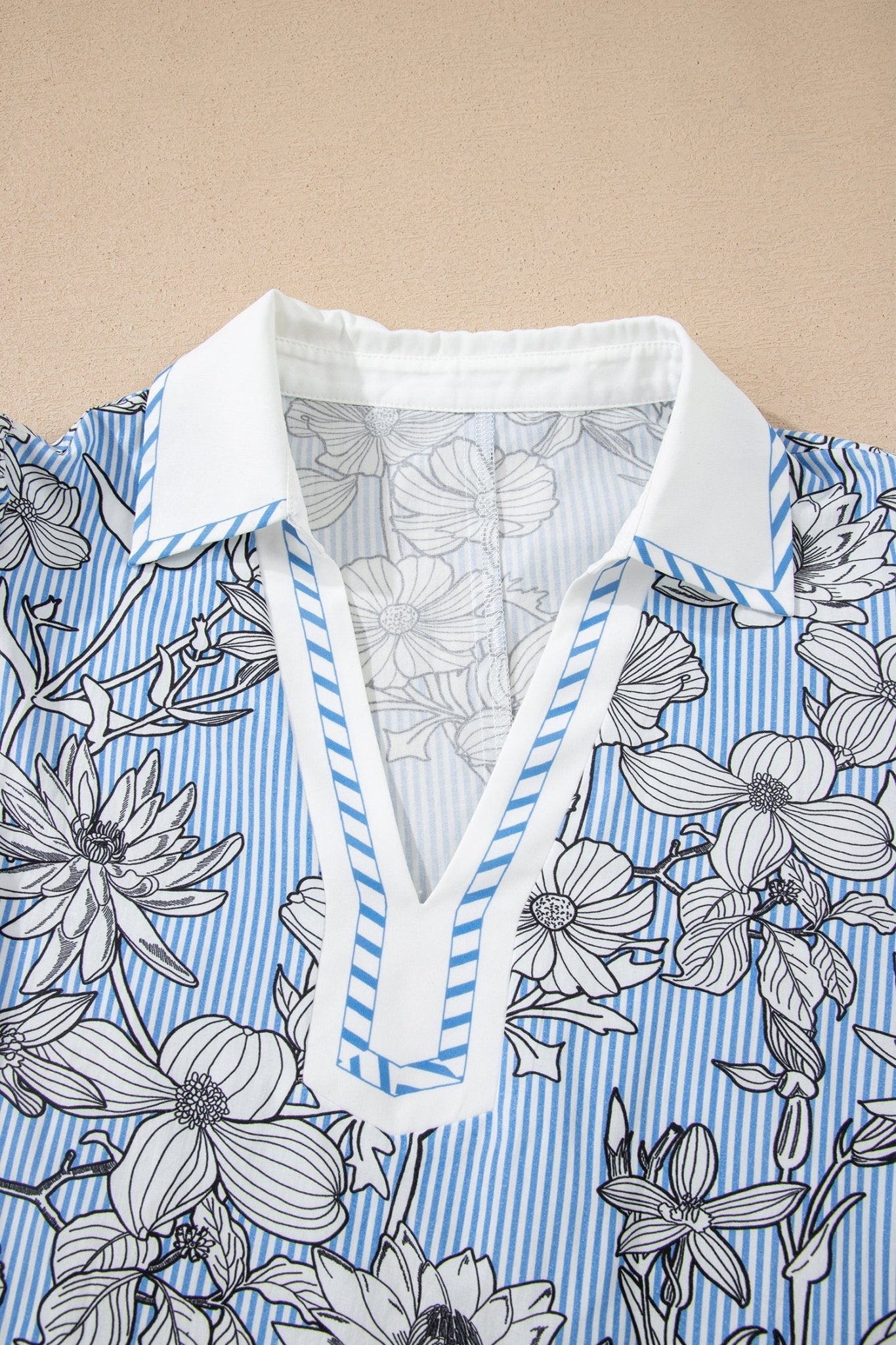 Sky Blue Floral Striped Printed Polo Collar Short Sleeve Blouse - Loving It Shop