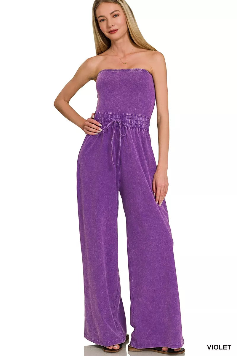 Acid Washed Strapless Tube Top Jumpsuit
