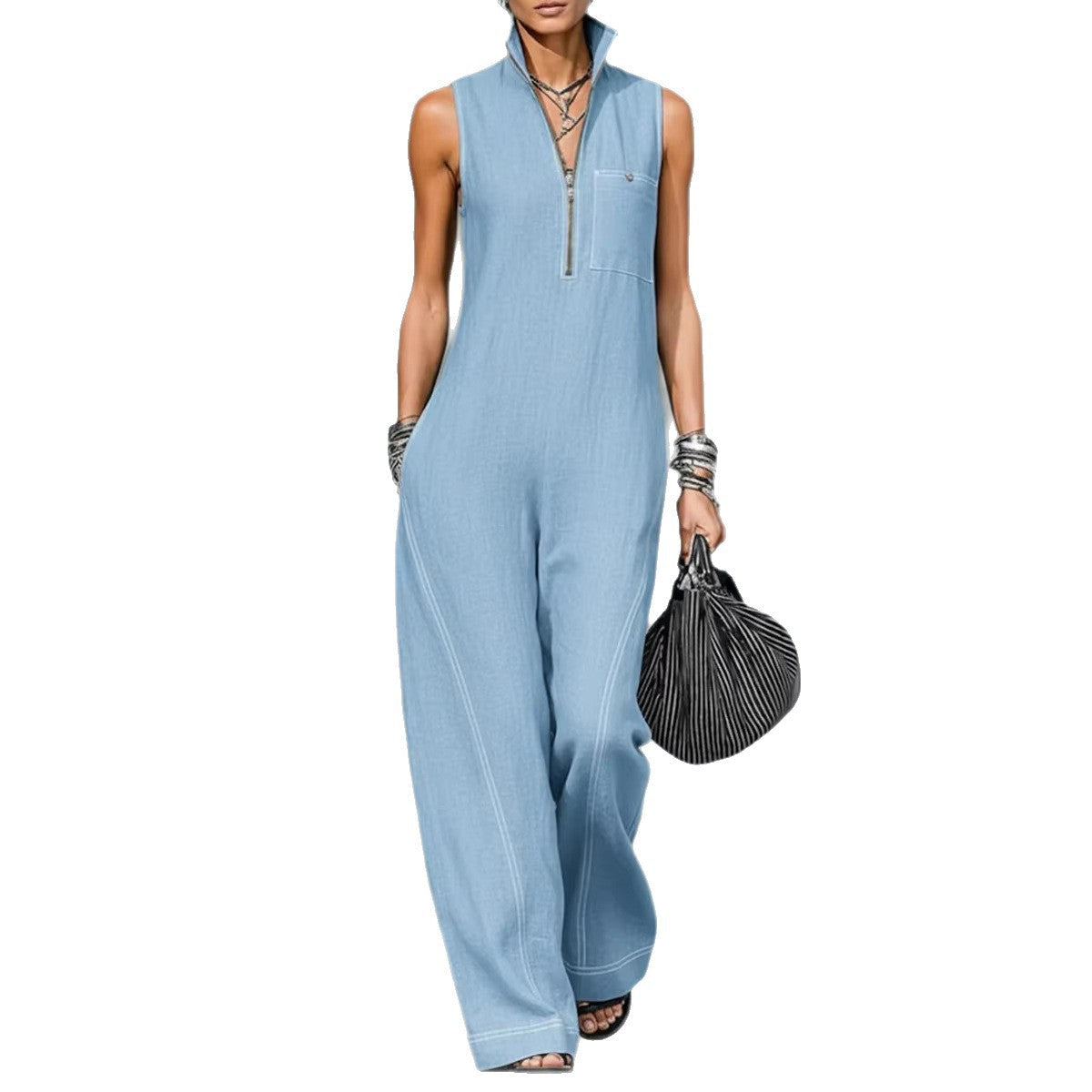 Stand-up Collar Jumpsuit With Pockets Summer Fashion Casual Sleeveless Jumpsuit Trousers Women&