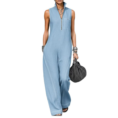 Stand-up Collar Jumpsuit With Pockets Summer Fashion Casual Sleeveless Jumpsuit Trousers Women&