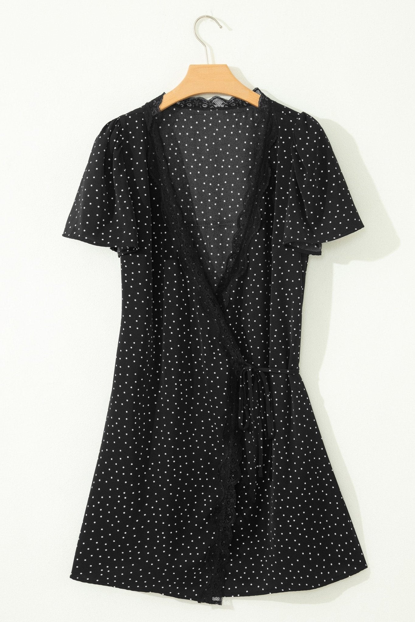 Black Polka Dot Print Lace Trim Wrap Mini Dress - Loving It Shop