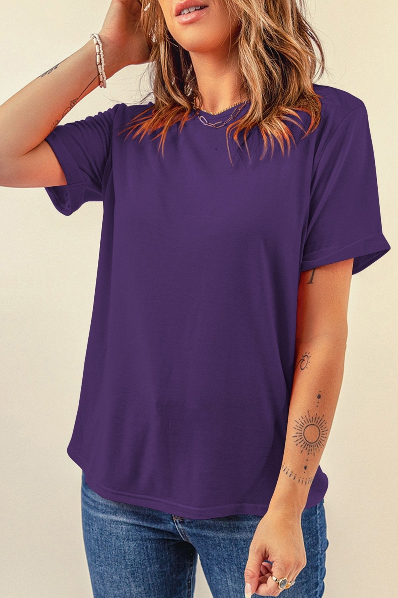Tillandsia Purple Casual Plain Crew Neck Tee - Loving It Shop