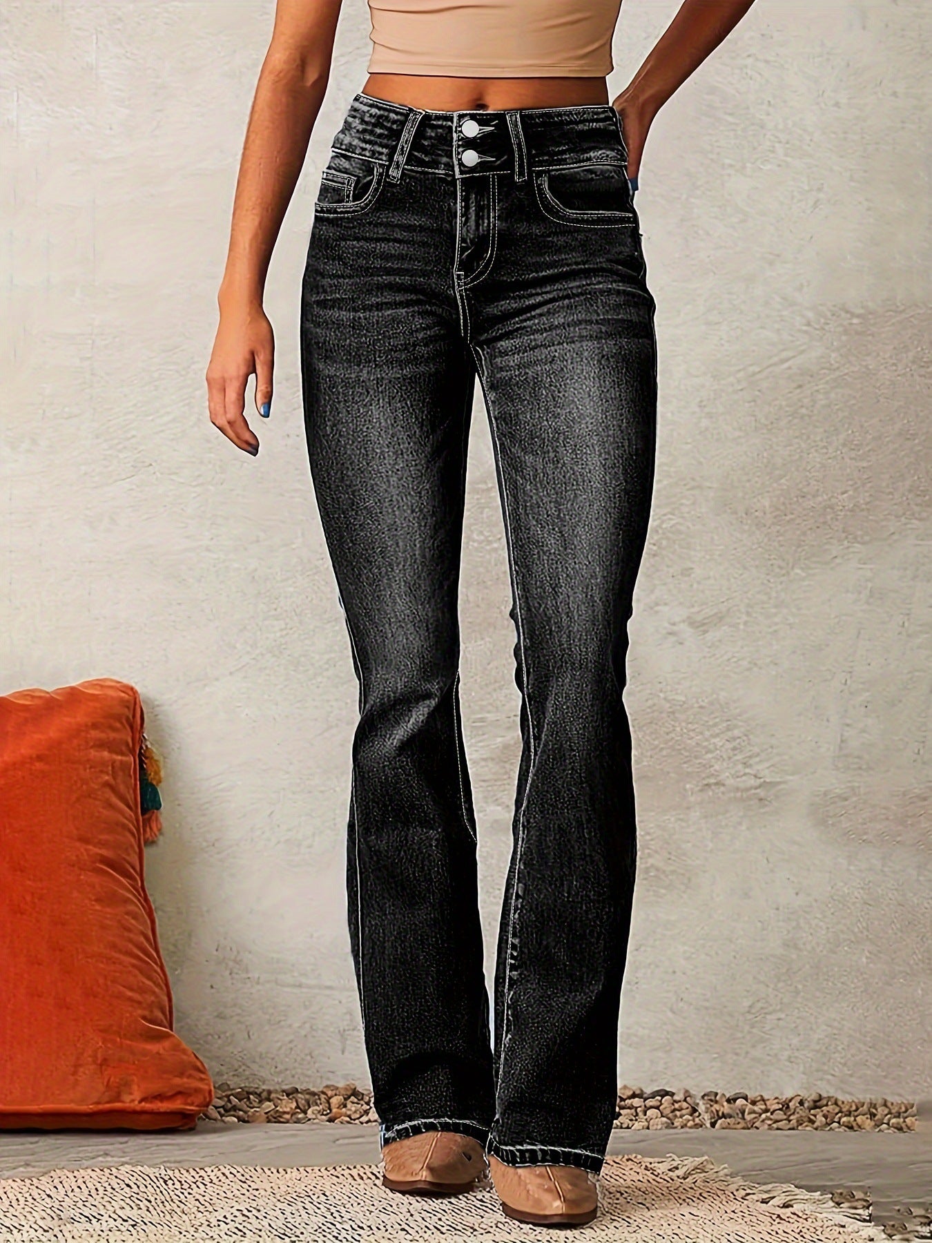 Skinny Flared Jeans With Pockets Fashion Button Zipper Trousers Women&