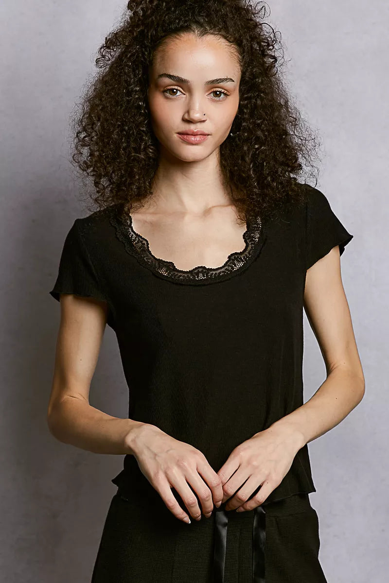 Round Neck Short Sleeve Crop T-Shirt with Lace Trim