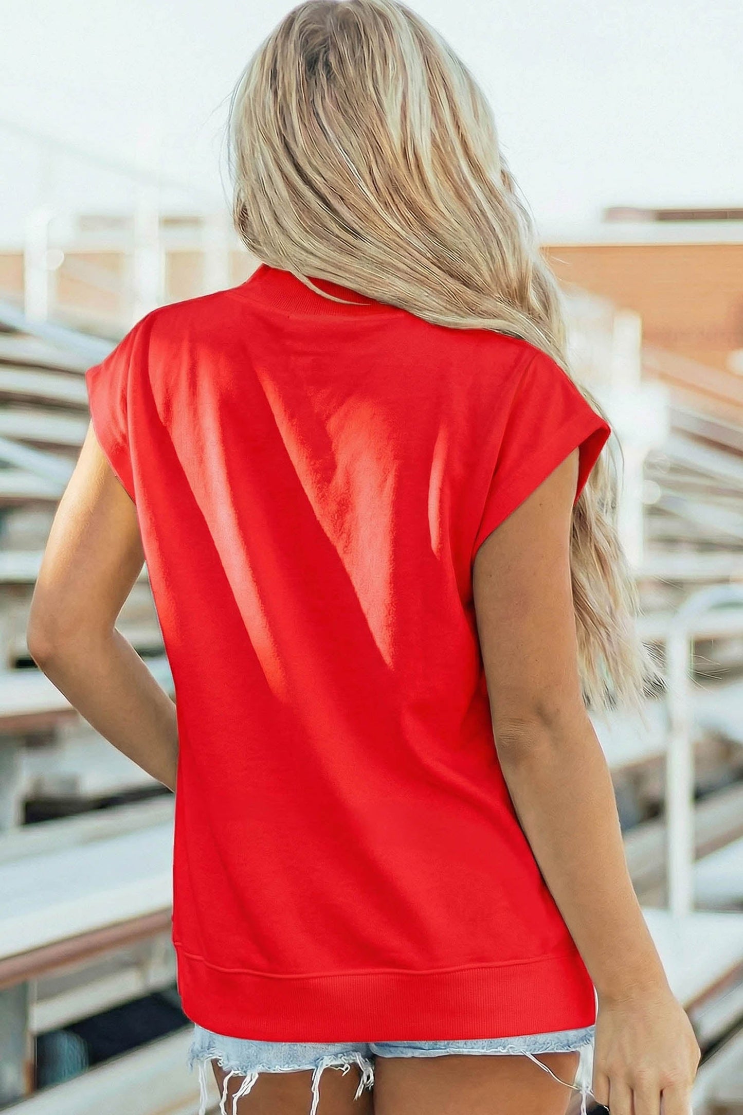 Racing Red Sequin American Flag Balloon Dog High Neck Short Sleeve Top - Loving It Shop
