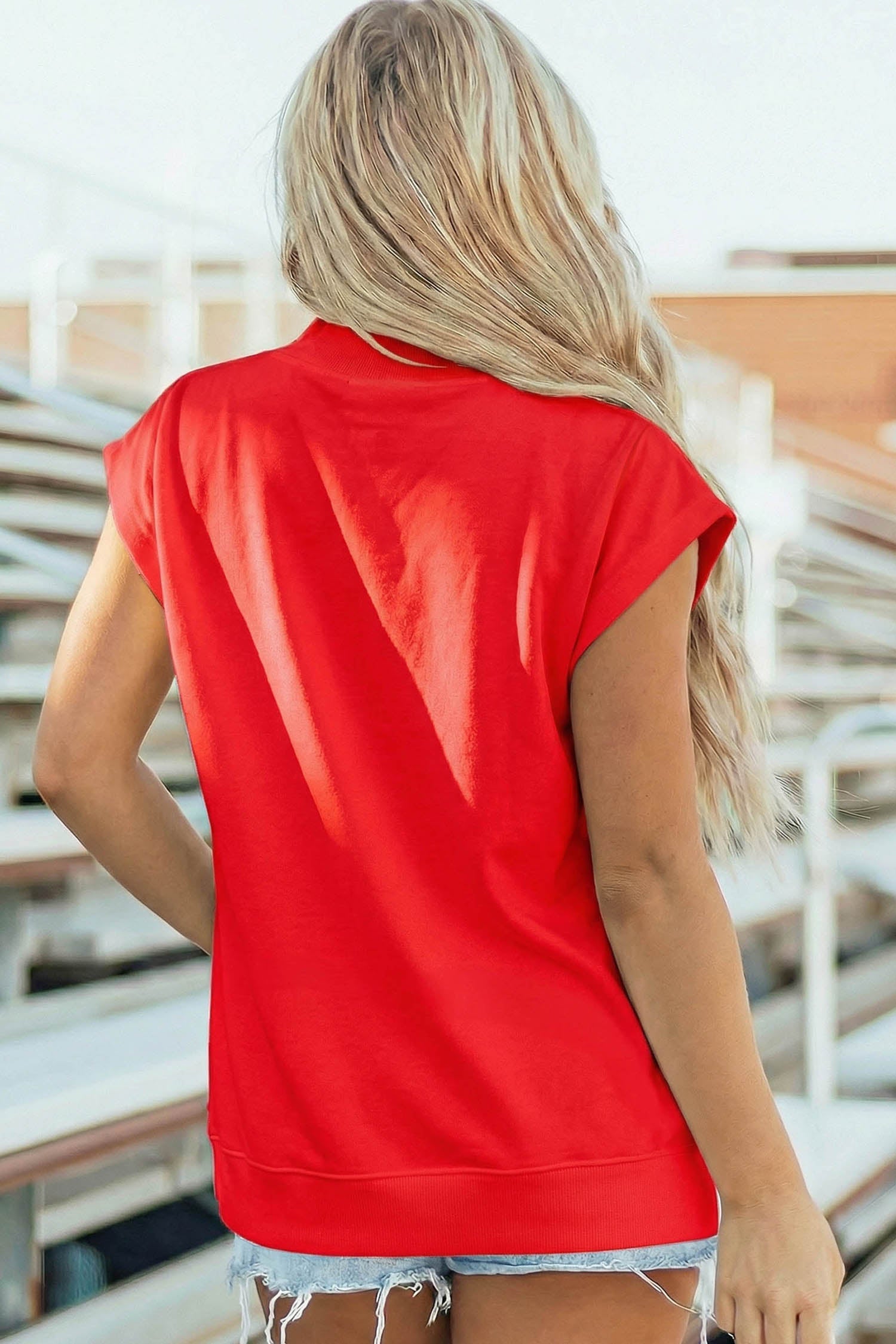 Racing Red Sequin American Flag Balloon Dog High Neck Short Sleeve Top - Loving It Shop