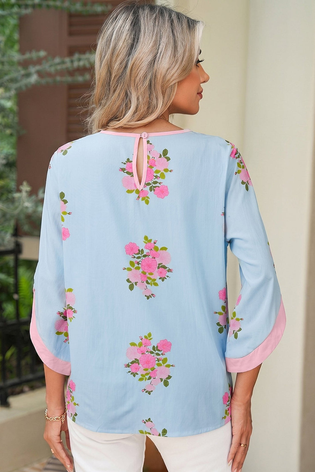 Sky Blue Floral Print Button Cuffed 3/4 Sleeve Round Neck Blouse - Loving It Shop