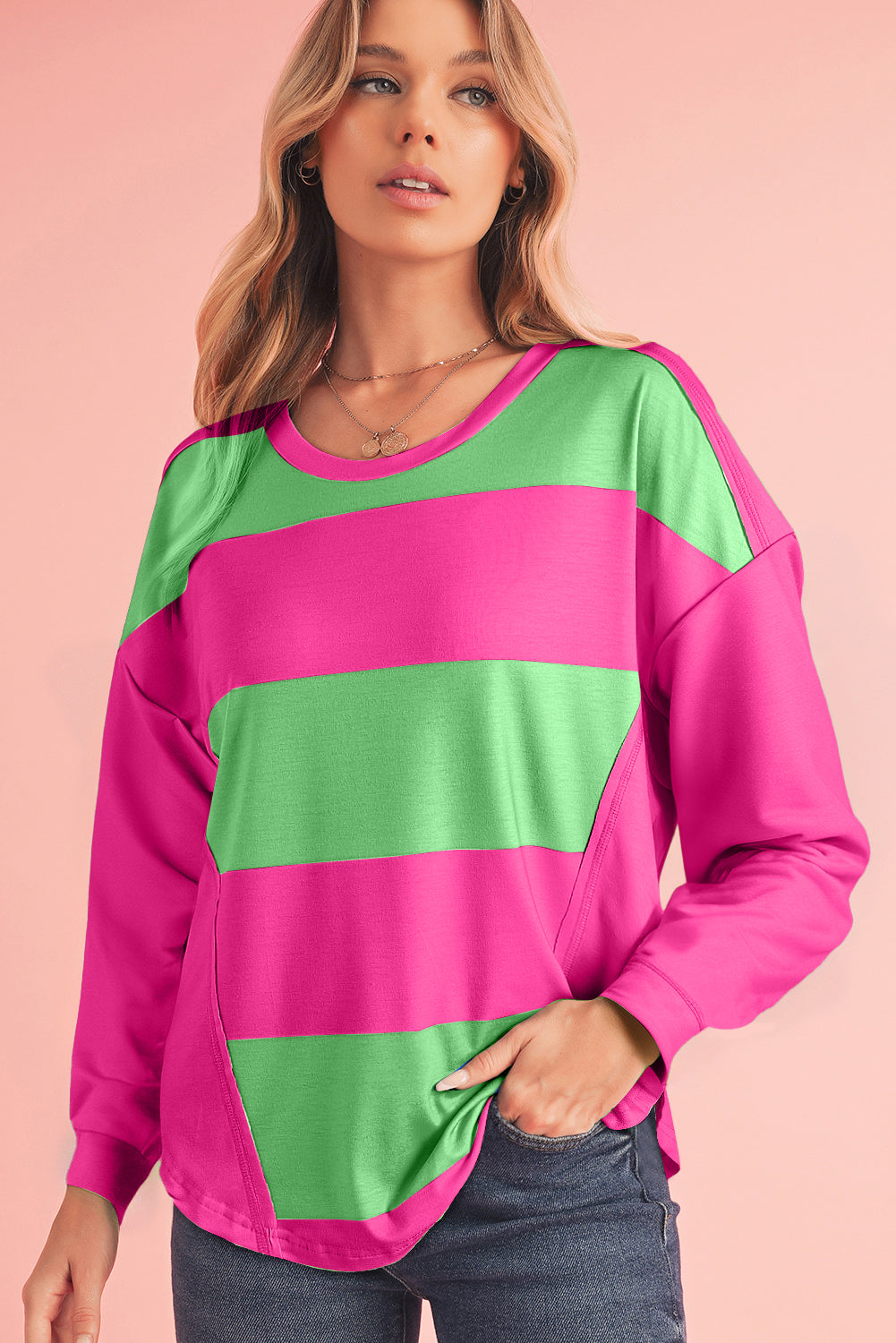 Light Blue Colorblock Drop Sleeve Round Neck Top