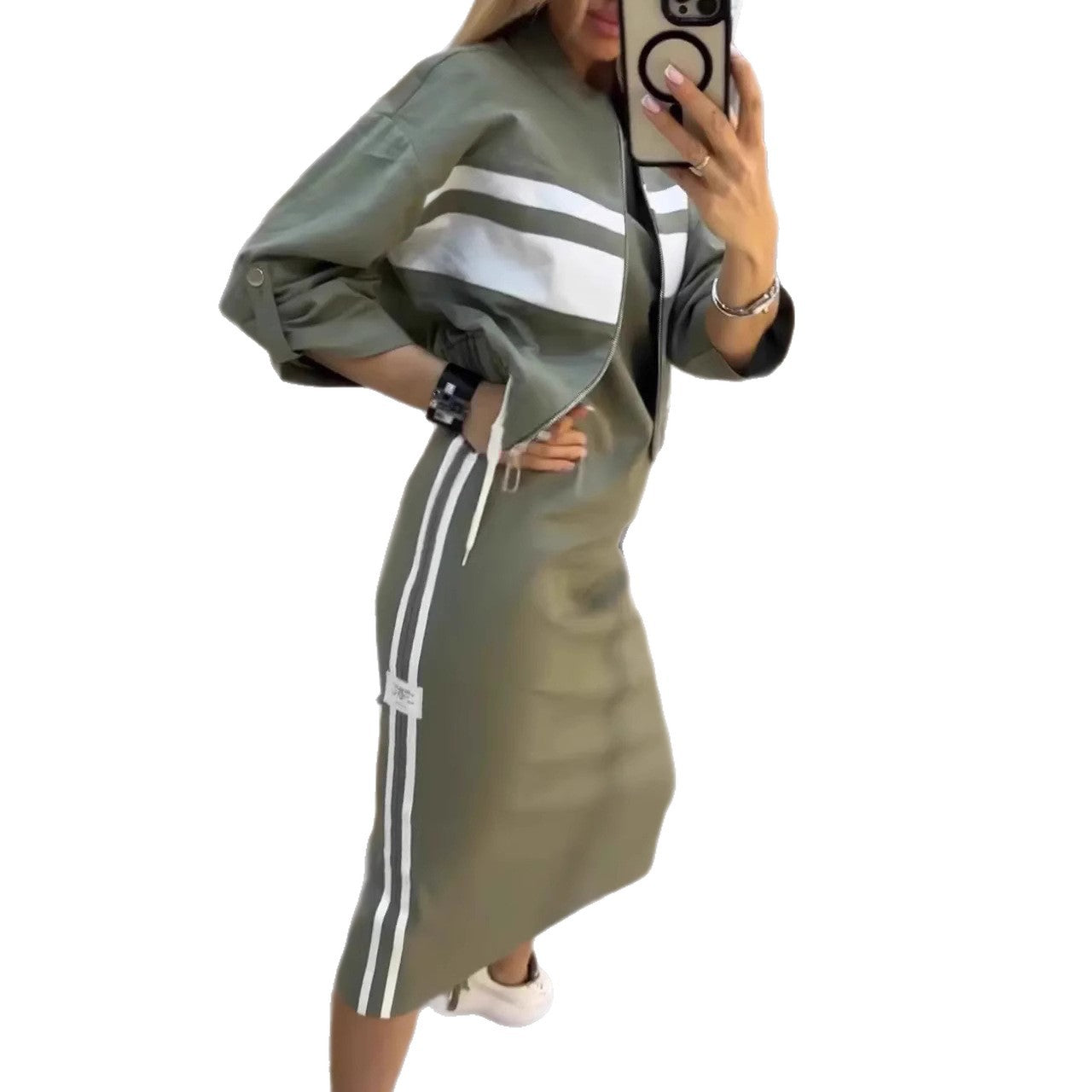 Casual Zipper White Stripe Edge Jacket Coat Dress Women&