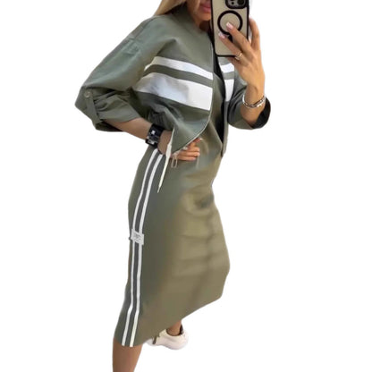 Casual Zipper White Stripe Edge Jacket Coat Dress Women&