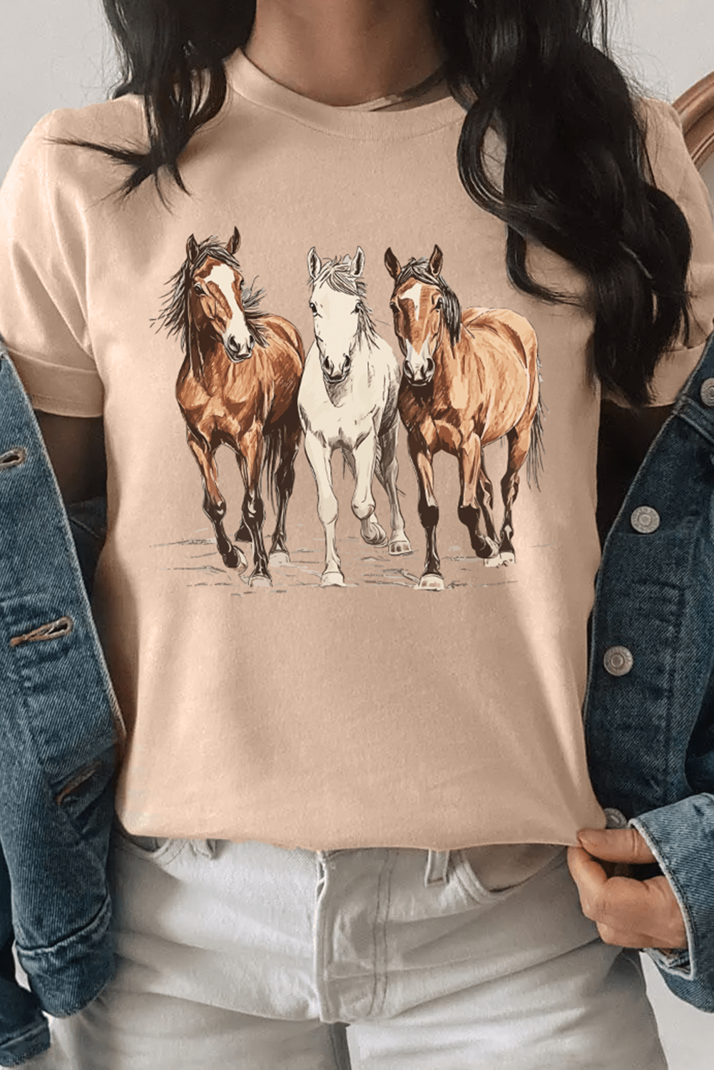 Khaki Gallant Horses Printed Casual T Shirt - Loving It Shop