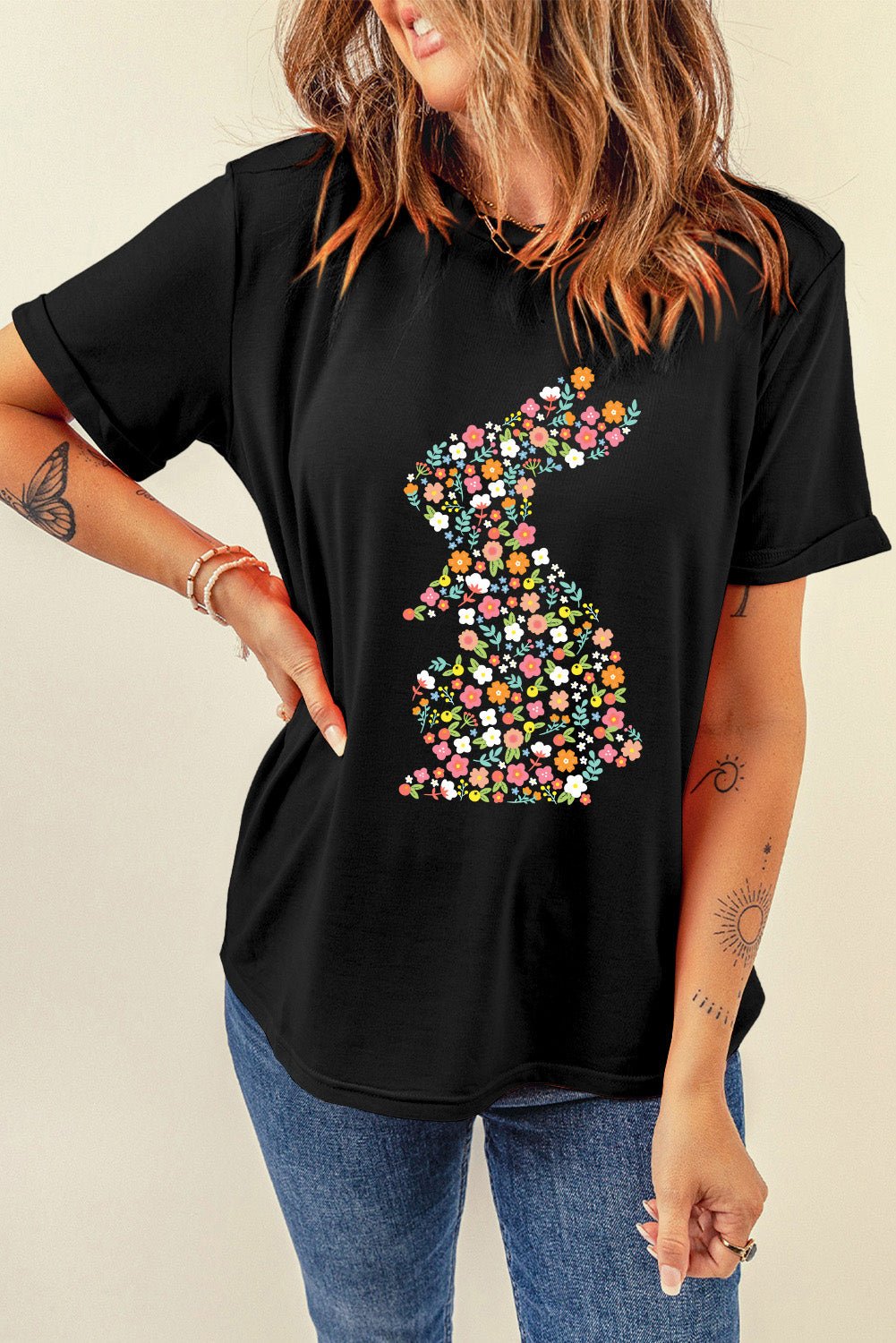 Black Colorful Floral Bunny Graphic Easter T Shirt - Loving It Shop