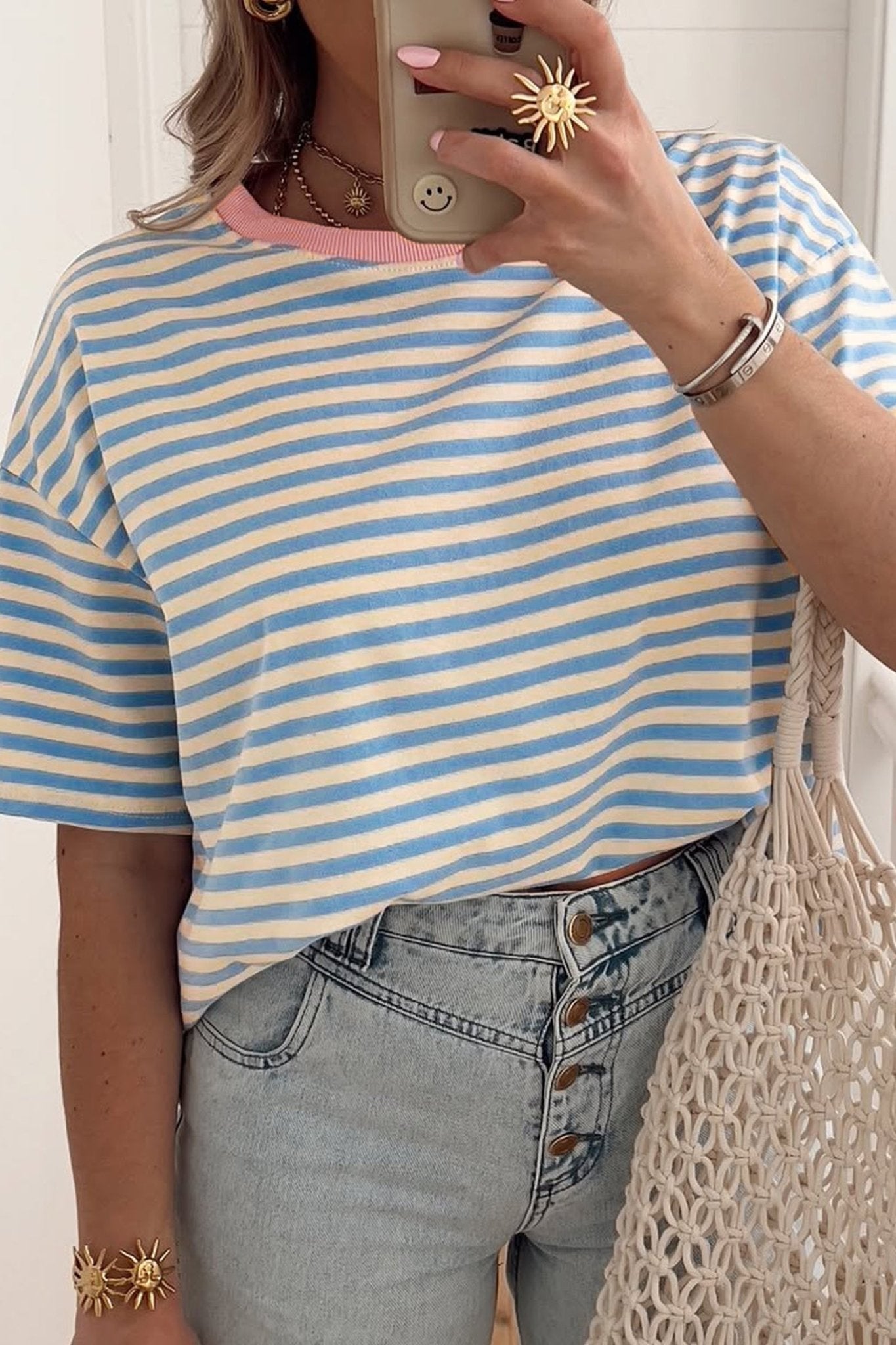 Sky Blue Stripe Contrast Crew Neck Drop Shoulder Loose Tee - Loving It Shop