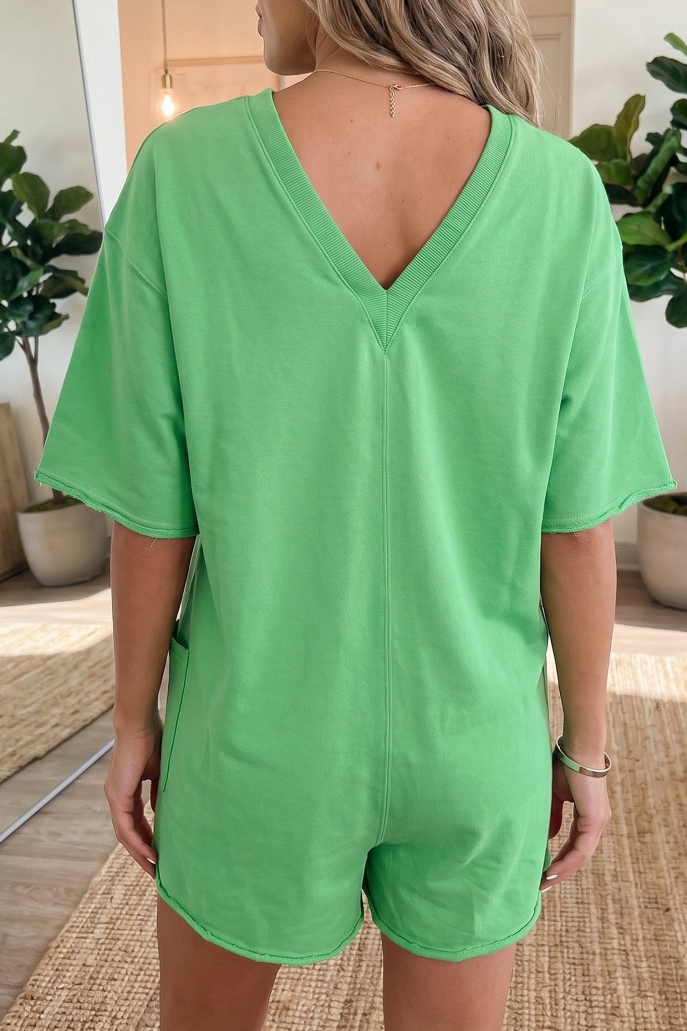 Bright Green Solid Color Raw Edge Half Sleeve Pocketed Loose Romper - Loving It Shop