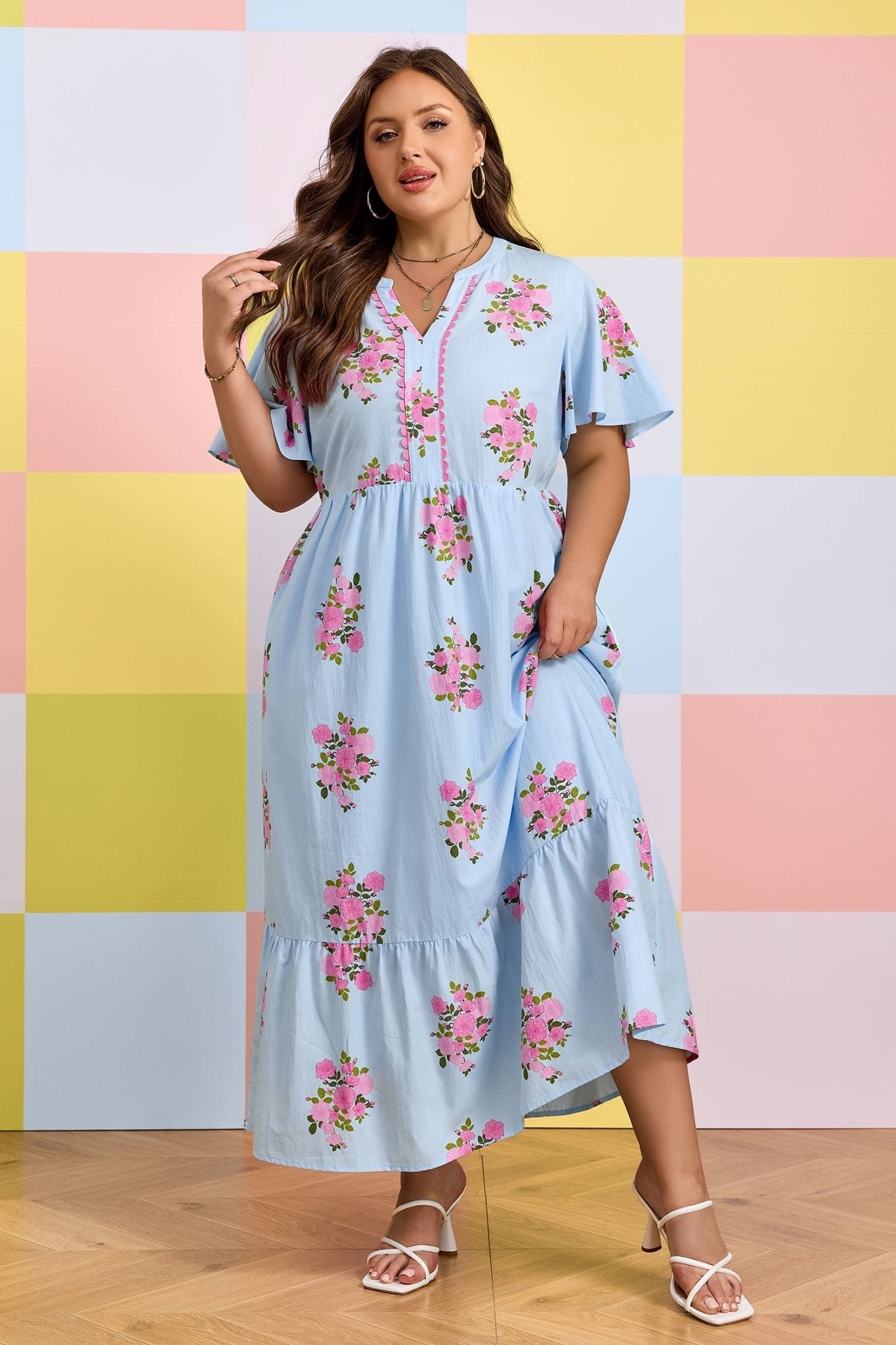 Sky Blue Plus Size Floral Print Scalloped Trim V - Neck Dress - Loving It Shop