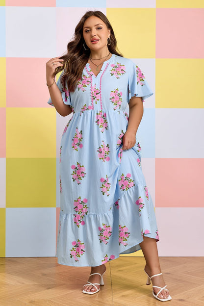 Sky Blue Plus Size Floral Print Scalloped Trim V - Neck Dress - Loving It Shop