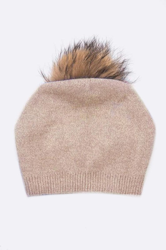 Raccoon Fur PomPom Pre-Sewed Slouchy Beanie