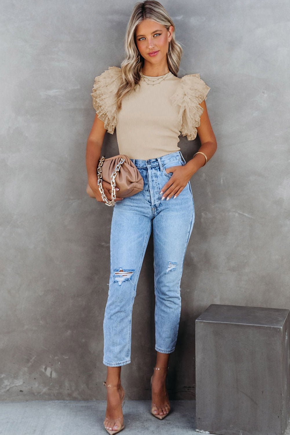 Apricot Dotty Mesh Ruffle Sleeve Ribbed Knit Top - Loving It Shop