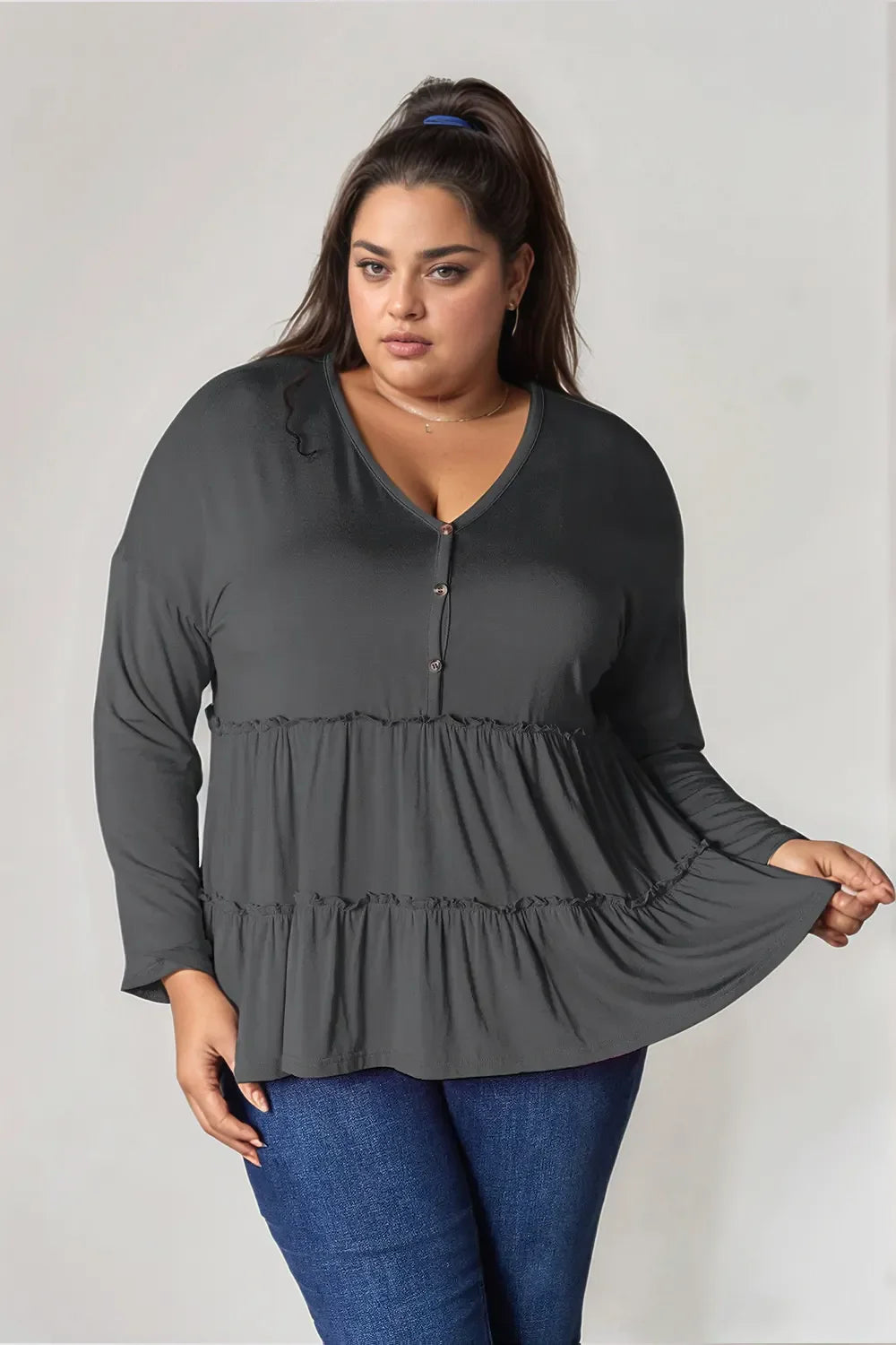 I am a Fashion Junky Take Half Button Long Sleeve Ruffle Hem Blouse