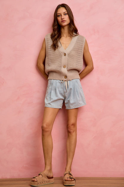 SO ME Mid Rise Denim Shorts With Cotton Tape Drawstring
