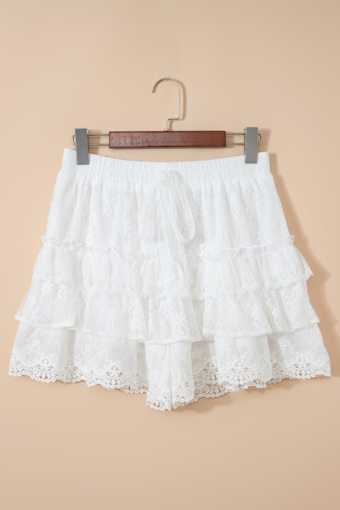 White Lace Ruffle Tiered Drawstring Elastic Waist Sweet Shorts - Loving It Shop
