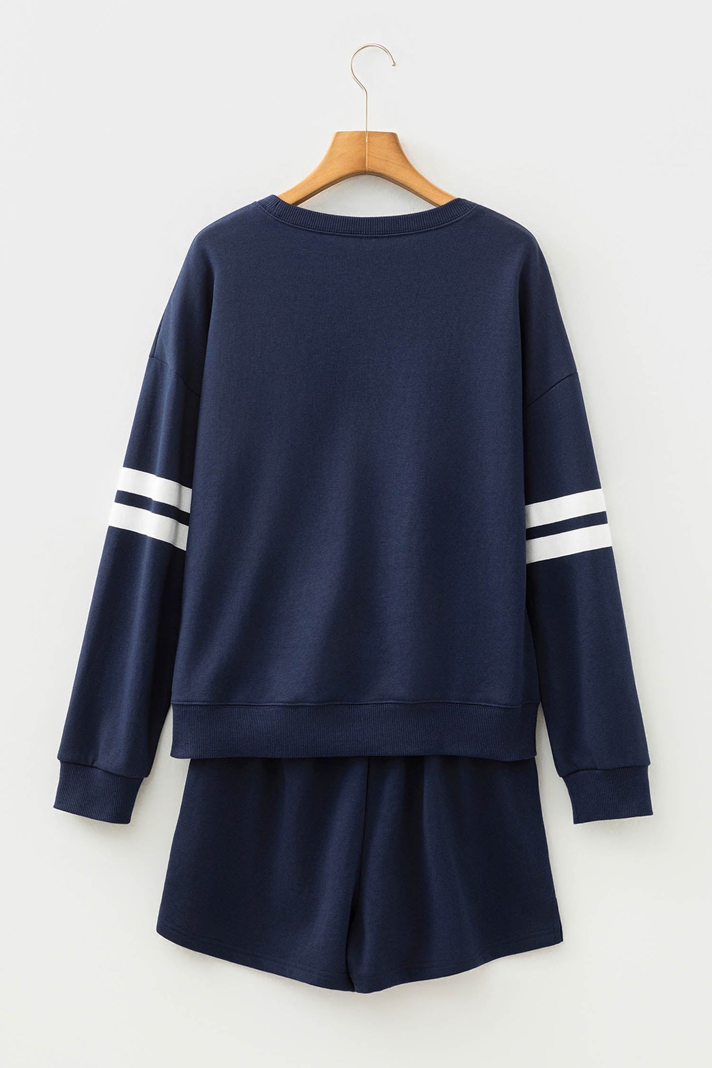 Navy Blue Varsity Striped Sleeve Drop Shoulder Sweatshirt and Short Set