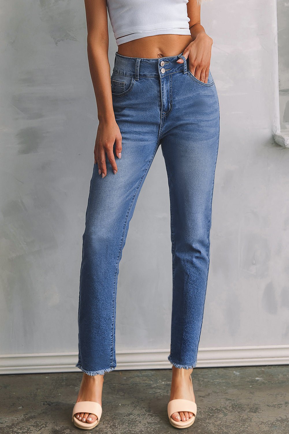 Sky Blue Double Button Raw Hem Slim Fit Jeans - Loving It Shop
