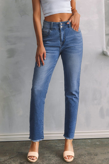 Sky Blue Double Button Raw Hem Slim Fit Jeans - Loving It Shop