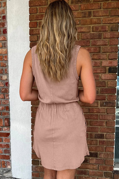 Smoke Gray Mineral Wash U Neck Elastic Waist Sleeveless Mini Dress - Loving It Shop