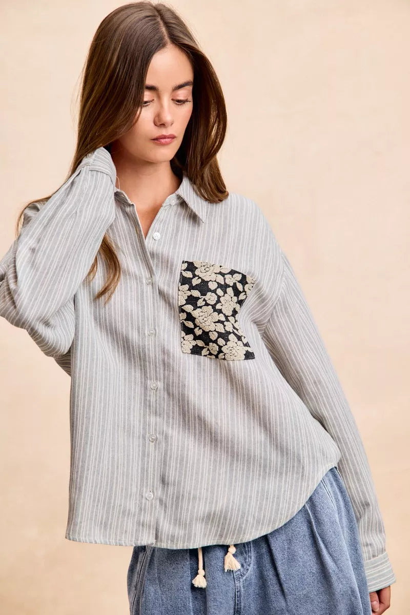 Flower Jacquard Knit Patch Pocket Stripe Shirt