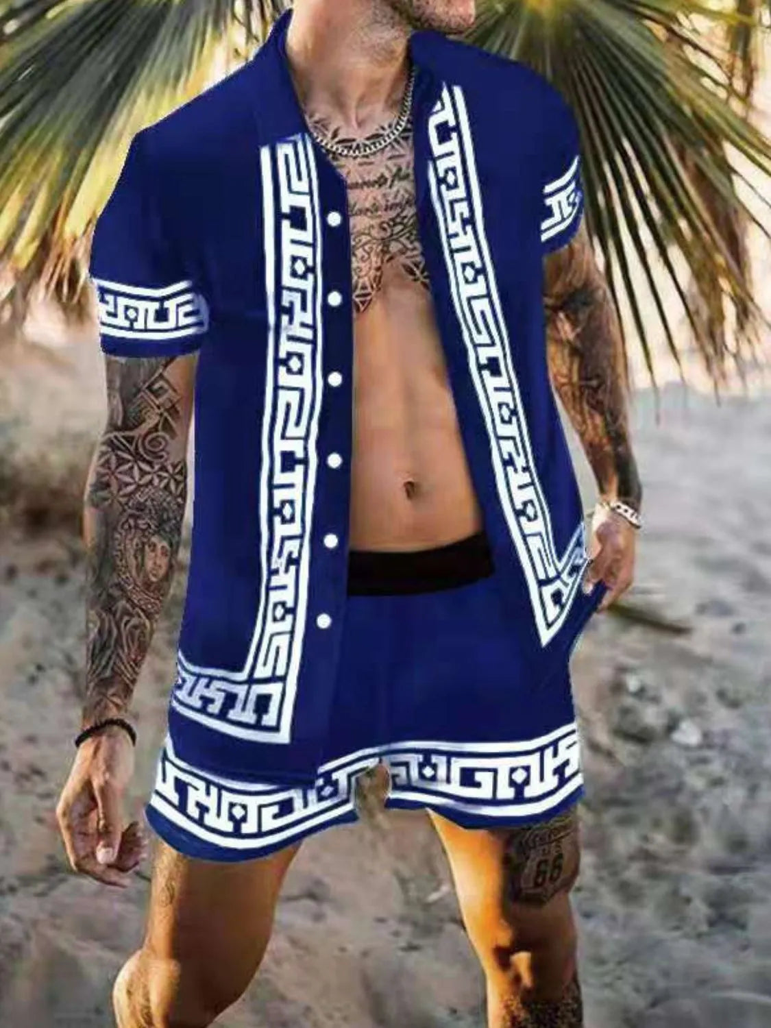 Men's Full Size Printed Collared Neck Short Sleeve Top and Shorts Set Plus Size