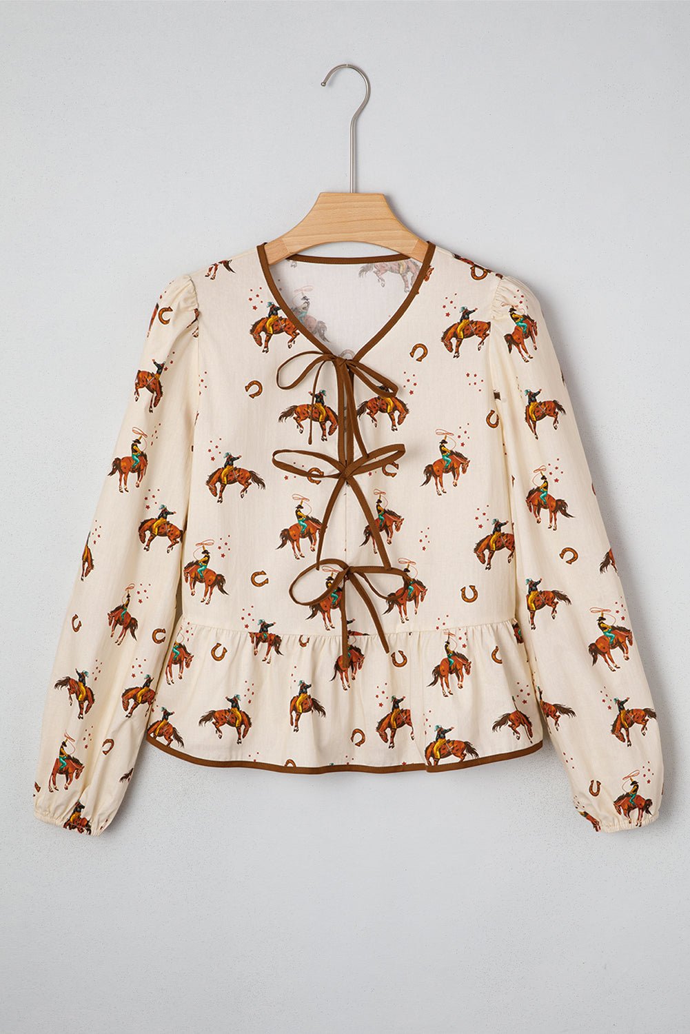 Apricot Western Rodeo Print Tied Front Puff Sleeve Peplum Top - Loving It Shop