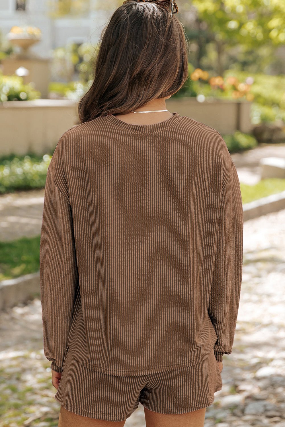 Chestnut Twisted Ribbed Sequin Mallard Graphic Long Sleeve Top and Short Set - Loving It Shop