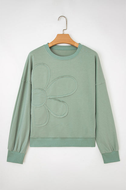 Smoke Green Raw Edge Flower Patch Drop Shoulder Casual Top